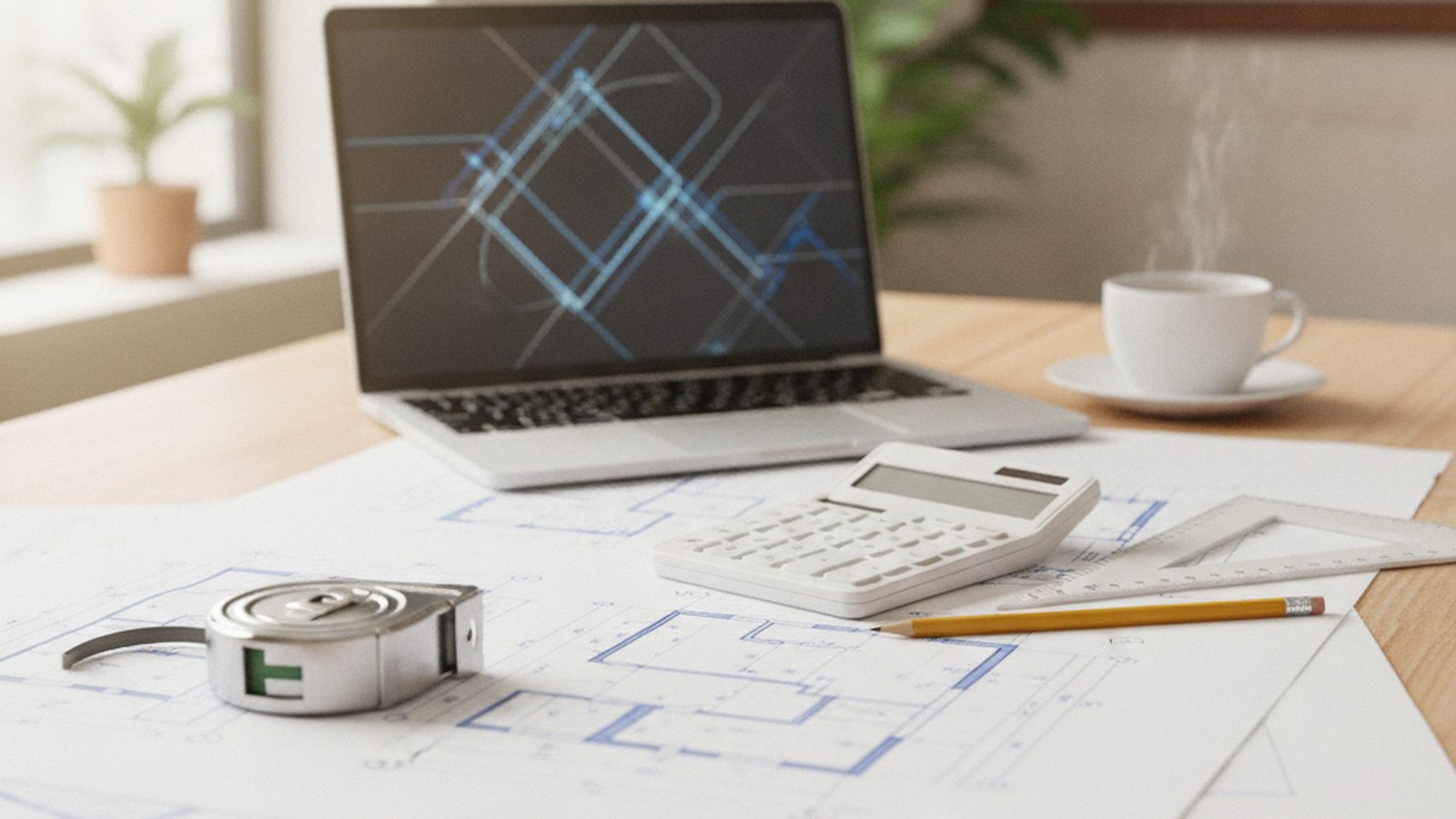 Bureau d'études avec plans de construction et chiffrage sur ordinateur